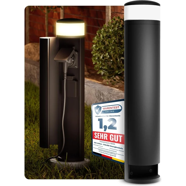 SSC-LUXon LED Gartenstrahler PALISO Energiesaeule mit Licht und 2 Steckdosen fuer Aussen - schwarz – Bild 1