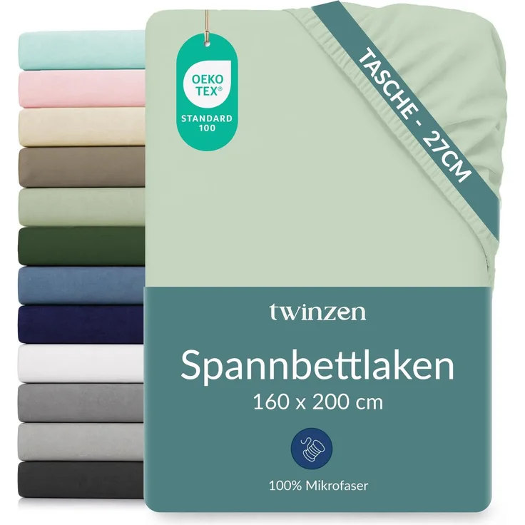Twinzen Spannbettlaken Mikrofaser 160x200 Hellgrün Steghöhe 25 cm
