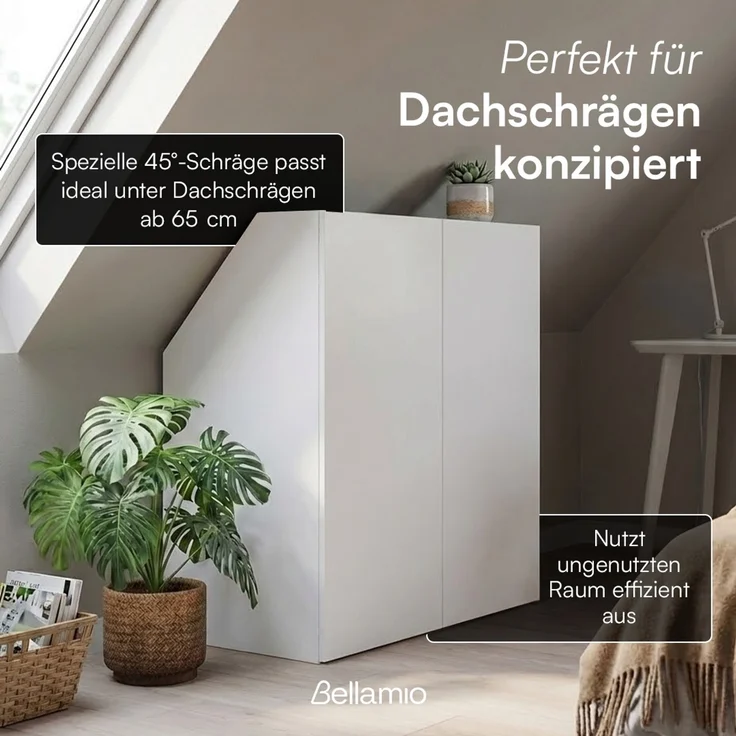 Bellamio 'Aland' Dachschrägenregal mit Türen, weiß, 100x52x90 cm, mit Push-to-open, Schrank für Dachschräge mit 3 Fächern – Bild 2
