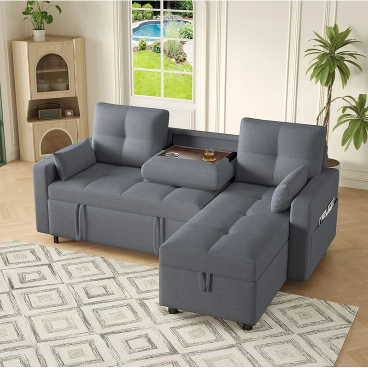 DESVIAE Schlafsofa L-Form mit Stauraum und Getränkehaltern 211x136x87 cm Leinenoptik Grau – Bild 1