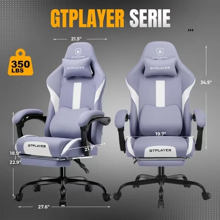 GTPLAYER Gaming-Stuhl Stoff, Racing Gamer Stuhl, Ergonomischer Gaming Sessel Gaming Chair, Schreibtischstuhl, Federsitzkissen mit Fußstütze, Lila – Bild 7