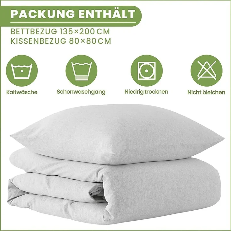 Jersey Bettwäsche 135x200cm 100% Baumwolle weich atmungsaktiv Hellgrau Melange – Bild 2