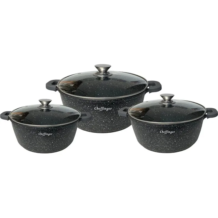 6-Teilig Kochgeschirr-Set 20 / 24 / 28 cm Topf Induktion Alu Guss Pfanne Topfset Kochtopfset Marmor