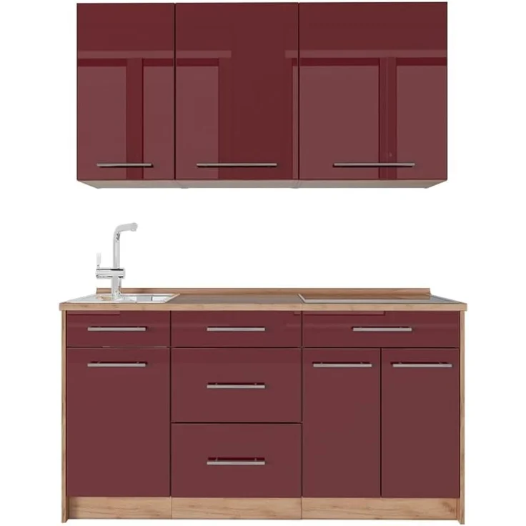 Singleküche Fame-Line Bordeaux Hochglanz/Goldkraft Eiche 150 cm, AP Eiche Vicco – Bild 1