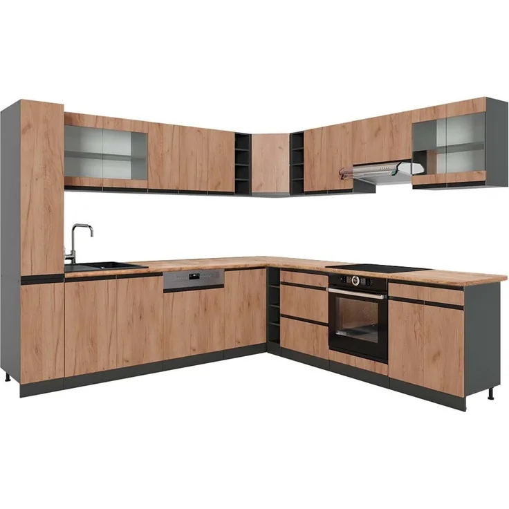 Eckküche R-Line Goldkraft Eiche/Anthrazit 277 x 257 cm J-Shape, AP Eiche Vicco