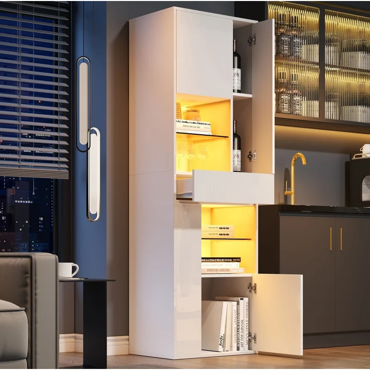 DESVIAE Vitrine mit LED-Beleuchtung und Schublade 55x170x38 cm Spanplatte Weiß – Bild 3