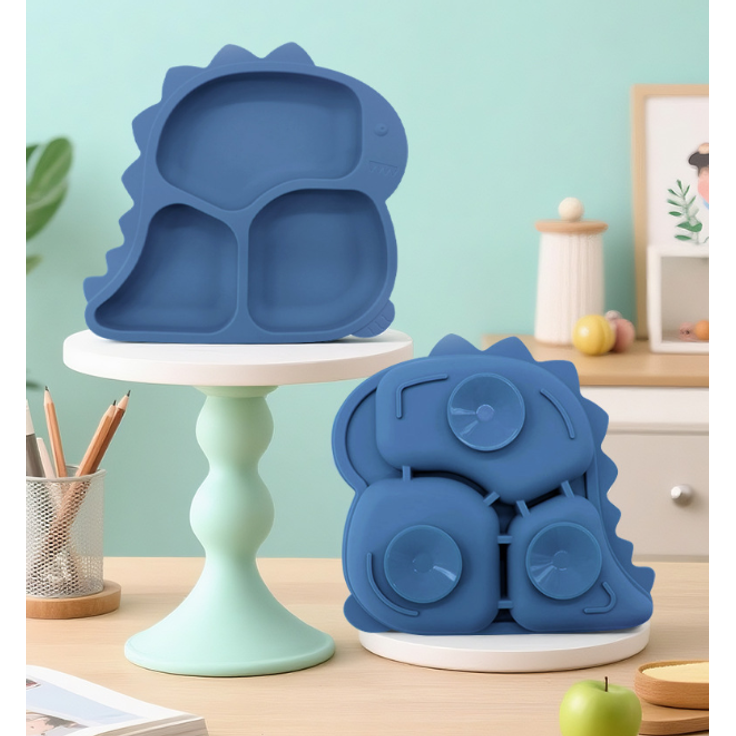 ABC Kindergeschirr-Set mit Dinosaurier-Motiv, Schüssel aus lebensmittelechtem Silikon, Babygeschirr für die Beikostvorbereitung, mit Fächern - dunkelrosa – Bild 4