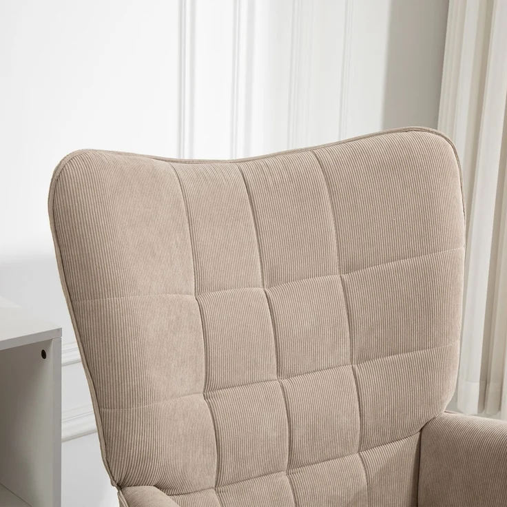 Akzentsessel mit Hocker, Relaxsessel in Cord-Optik, Armlehnstuhl mit Holzbeinen, für Wohnzimmer, Hellbraun--Khaki--80x72x101cm--YOUDENOVA – Bild 9