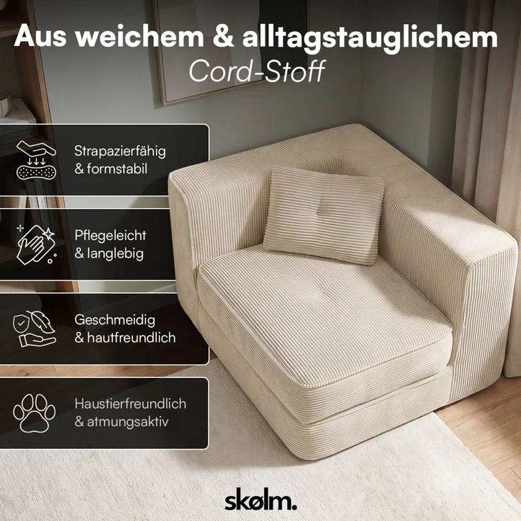 skølm 'Ránar' Ecksessel mit Liegefunktion und 1 Kissen, Sessel ausklappbar, vakuumverpackt ohne Aufbau, beige aus Cord – Bild 7