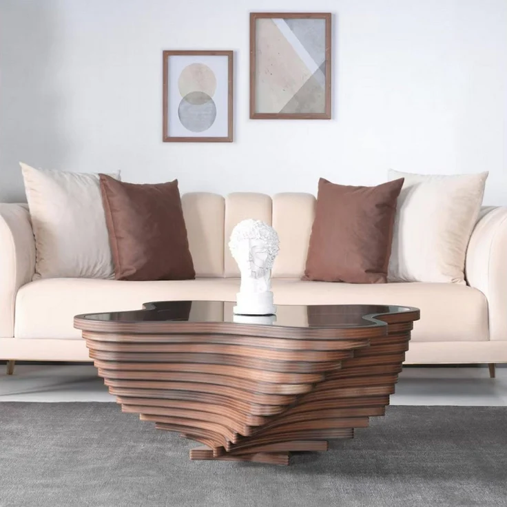 alesvelt Couchtisch rustikal handgefertigt Nussbaum Beistelltisch Glasplatte (1-Tisch), 90x90x39cm handgefertig Unikat Wellen-Optik MDF – Bild 2