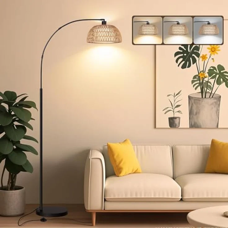 ROTTOGOON Bogen Rattan Stehlampe für Wohnzimmer 3 Farbtemperaturen Dimmbare 9W LED mit Fußschalter Boho Landhausstil Stehleuchte für Schlafzimmer Büro inkl. Birne Schwarz – Bild 7