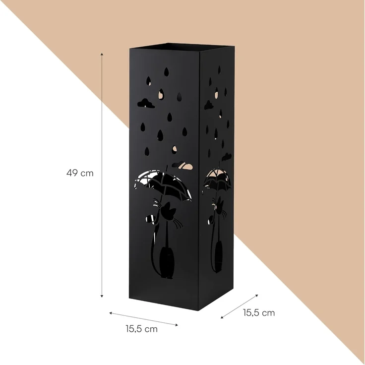 Baroni Home Schirmständer in modernem Design aus Metall mit Cat and Rain-Schnitzerei - Schwarz Schirmständer mit Haken und herausnehmbarer Auffangschale für Heim- und Bürodekoration 15,5 x 15 x 49 cm – Bild 2
