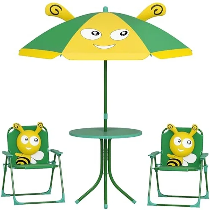 AIYAPLAY Garten-Kindersitzgruppe mit höhenverstellbarem Sonnenschirm, (Gartentisch, 2 Klappstühle, 4-tlg, Garten Kindersitzgarnitur), Bienen-Muster für 2-5 Jahre Kinder, Grün