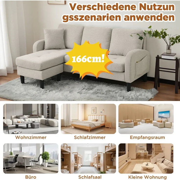 EINHOM L-förmiges Ecksofa mit Chaiselongue – 3-Sitzer Sofa, 166 x 118 x 77 cm, Atmungsaktiver Baumwoll-Leinenstoff, Kunststoffbeine, Modulares Design, Ideal für Wohnzimmer, Apartments und Büros – Bild 4