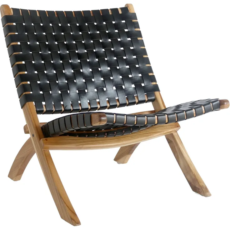 House Nordic Klappstuhl, Leder, schwarz, Beine aus Teakholz