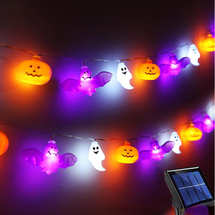 ABC Solar-Lichterkette mit Kürbis-, Fledermaus- und Geistermotiven, 1,95 m, 30 LED