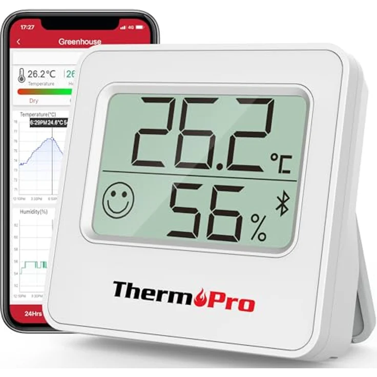 ThermoPro TP357 80m Bluetooth Hygrometer Innen Raumthermometer Digital mit APP Mini Luftfeuchtigkeitsmesser mit Smiley-Indikator Datengrafik für Innenraum, Büro, Weinkeller, Gewächshaus – Bild 2