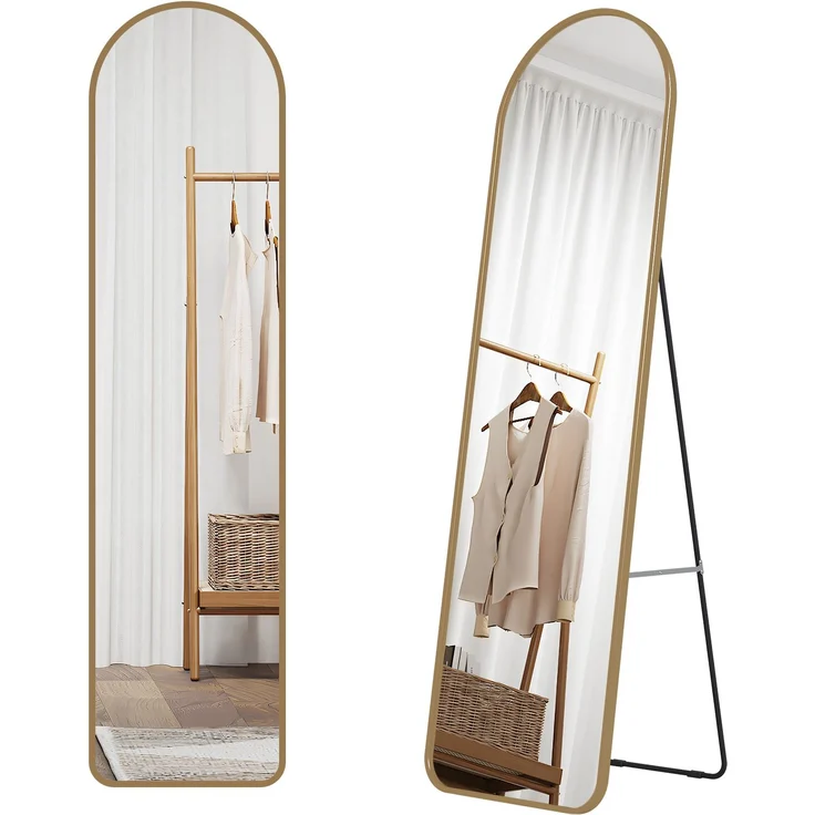 EMKE Bogen Standspiegel Ganzkörperspiegel mit Rahmen aus Aluminiumlegierung für Wohn-,Schlaf-, Aufenthalt und Ankleidezimmer, Gold, 140x40cm