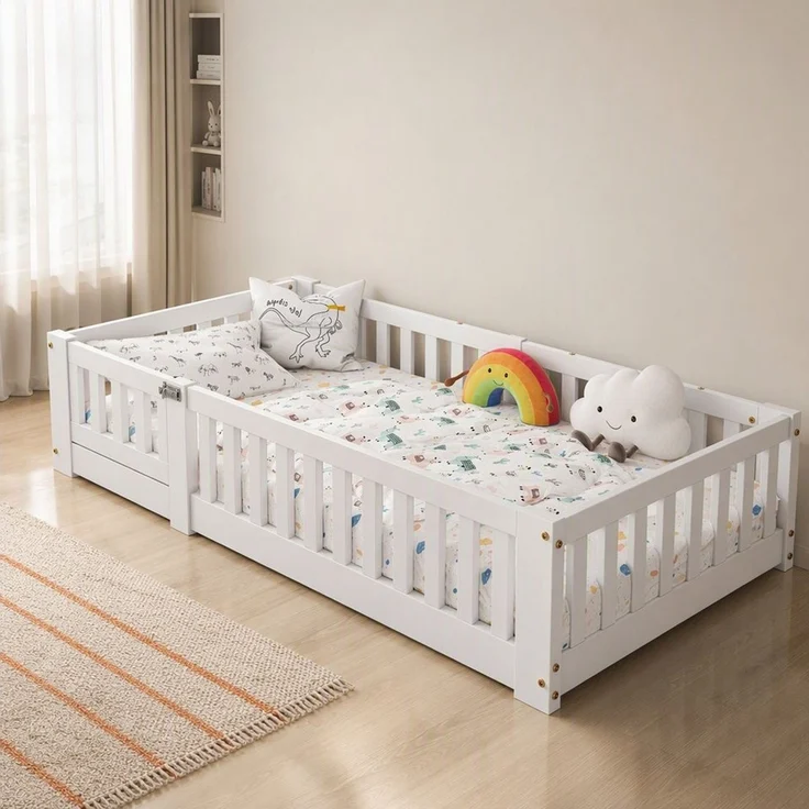 Simurq Kinderbett mit Sicherheitsgitter, Bodenbett aus Massivholz, Montessori Bett (1 tlg, ohne Matratze, Mit Lattenrost), Bodenbett für Kleinkinder, Minimalistisch, Niedrigbett, Weiß – Bild 1