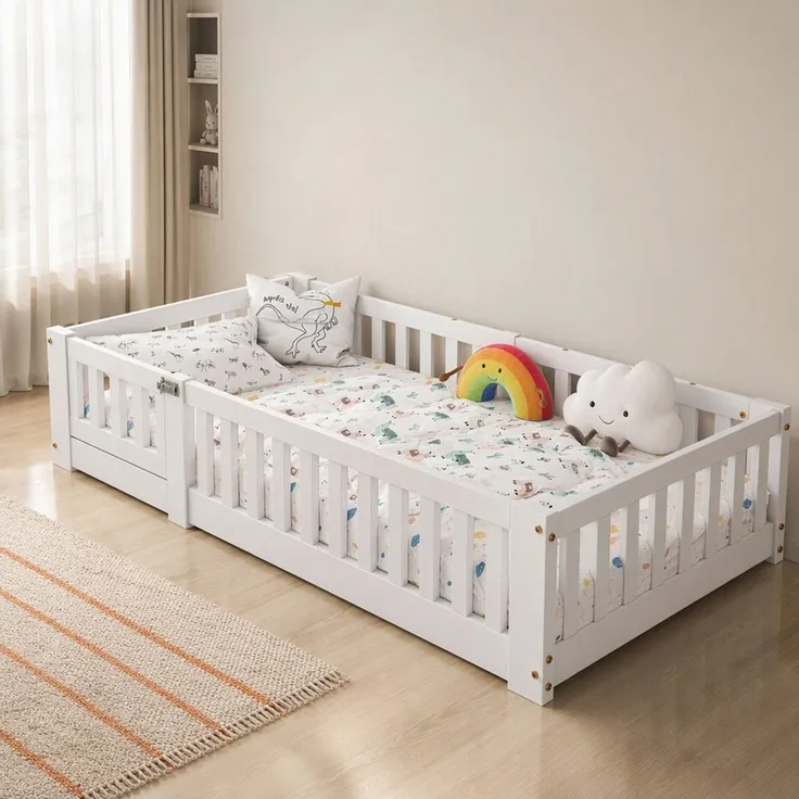 Simurq Kinderbett mit Sicherheitsgitter, Bodenbett aus Massivholz, Montessori Bett (1 tlg, ohne Matratze, Mit Lattenrost), Bodenbett für Kleinkinder, Minimalistisch, Niedrigbett, Weiß
