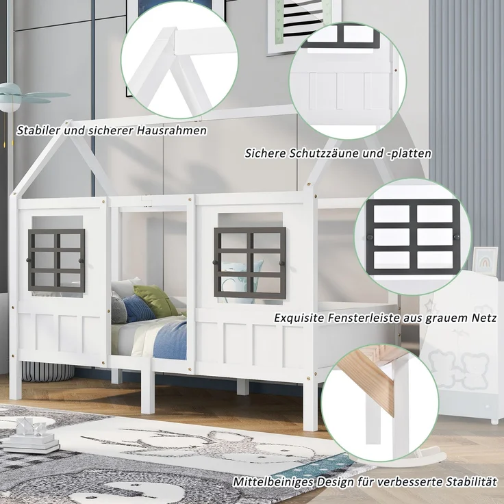 U-life Hausbett 90x200 cm, Einzelbett und Kinderbett, mit 2 Fenstern und Sicherheitsgeländer, Kiefernholz, Weiß – Bild 6