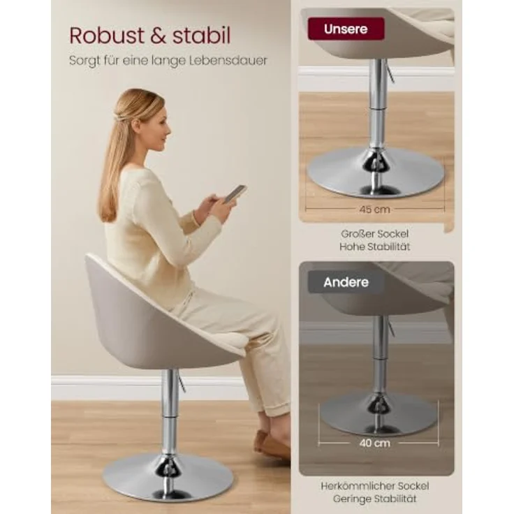 VASAGLE Schminkstuhl, Höhenverstellbarer Drehstuhl, mit Rückenlehne, Cord | Stuhl für Schminktisch, 360° Drehbar, für Esszimmer und Wohnzimmer, Hellmokkafarben, Lenna Kollektion LJB100L101 – Bild 5