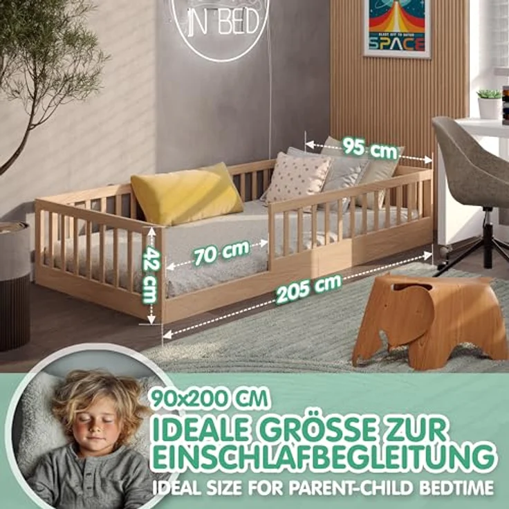 CADANI Kinderbett Timi Bodenbett bis 200 kg belastbar mit abnehmbarem Rausfallschutz (90x200 cm, Montessori Kinder- & Jugendbett aus Kiefer Massivholz), inkl. stabilem Roll-Lattenrost, Natur – Bild 3