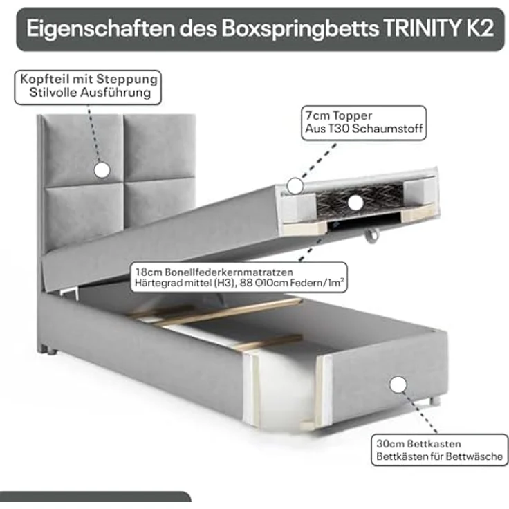 Best For Home Boxbett Trinity K-2, Graphit, Boxspringbett mit Bettkasten, 80x200 cm – Bild 4