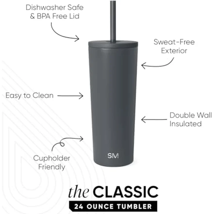 Simple Modern Thermobecher mit Strohhalm und Deckel | Trinkbecher mit Henkel Wiederverwendbare Edelstahl | Geschenke für Frauen und Männer | Classic | 710ml | Graphite – Bild 3