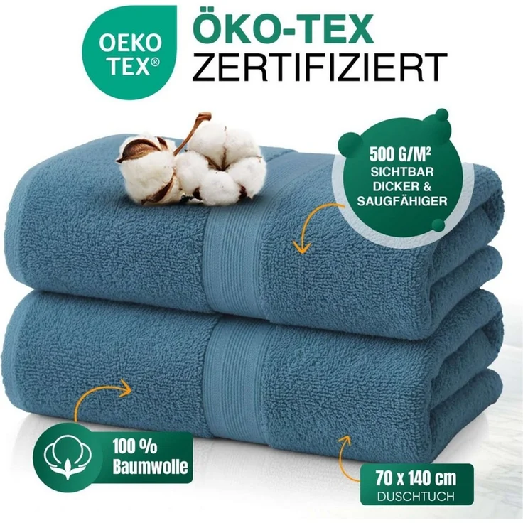leevitex® Duschtücher 2er-Set, 70x140 cm, 100% Baumwolle, saugstark und fusselfrei, Frottee (Set, 2-St), OEKO-TEX® STANDARD 100 zertifiziert, gestreifte Bordüre – Bild 2