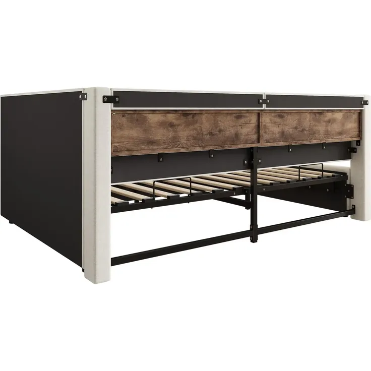 Polsterbett mit LED-Streifen, Lattenrost, Regal, Aufbewahrung, Type-C und USB, gepolsterter Kopfteil, 140x200 cm, Schlafsofa, Tagesbett, Leinen – Bild 8