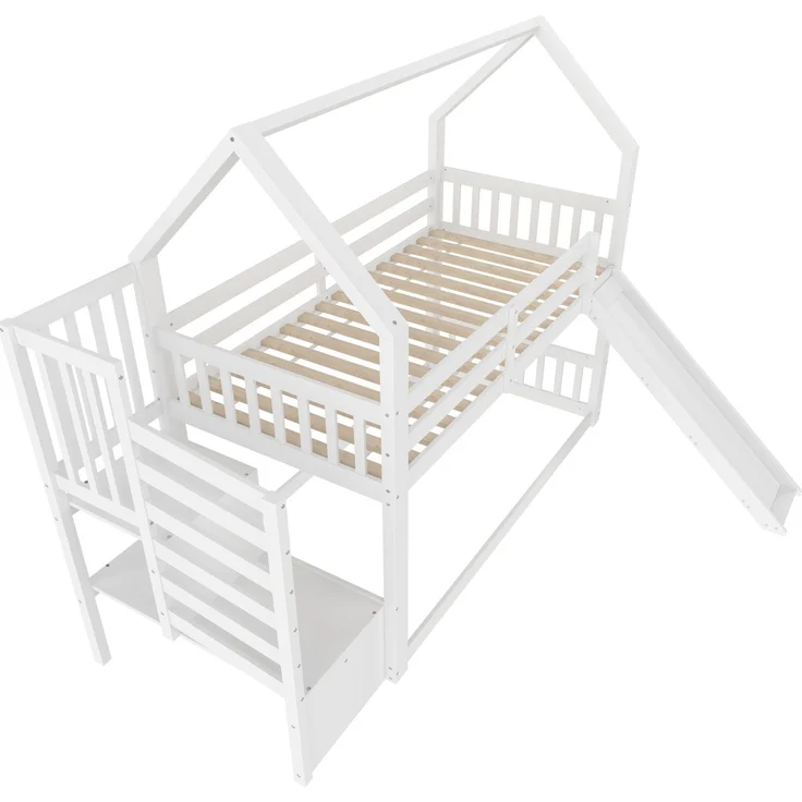 CHICFURN Etagenbett aus Kiefernholz und MDF Weiß 90x200 cm mit Stauraumtreppe und Rutsche – Bild 7