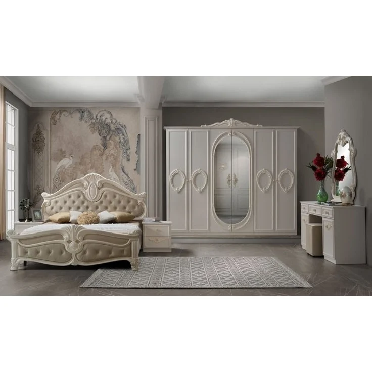 Interdesign24 Schlafzimmer-Set Aurora, (7-teilig, im klassischen Barock Stil, inkl. Bett 180 x 200 cm mit gepolstertem Kopf- und Fußteil), in Cremeweiß/Beige – Bild 4