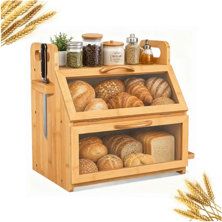 PFCTART Brotkasten Brotkasten XXL 38x28x39 cm – Großer Brotkasten aus Bambus, Bambus und Holz, (Set, 1-tlg, Für Brot, Baguette, Brötchen & Snacks – einfache Montage), 2 Etagen, Sichtfenster, Werkzeugablage & Messerhalter