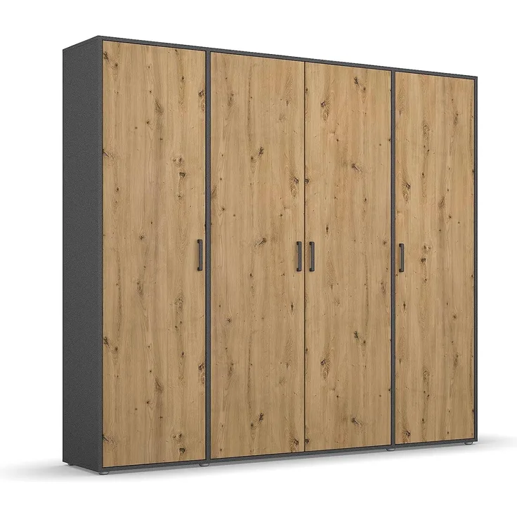 Rauch Möbel Voyager Schrank Kleiderschrank Drehtürenschrank, Eiche Artisan/Graumetallic, 4-türig, inkl. 1 Kleiderstange, 7 Einlegeböden BxHxT 187x194x53 cm