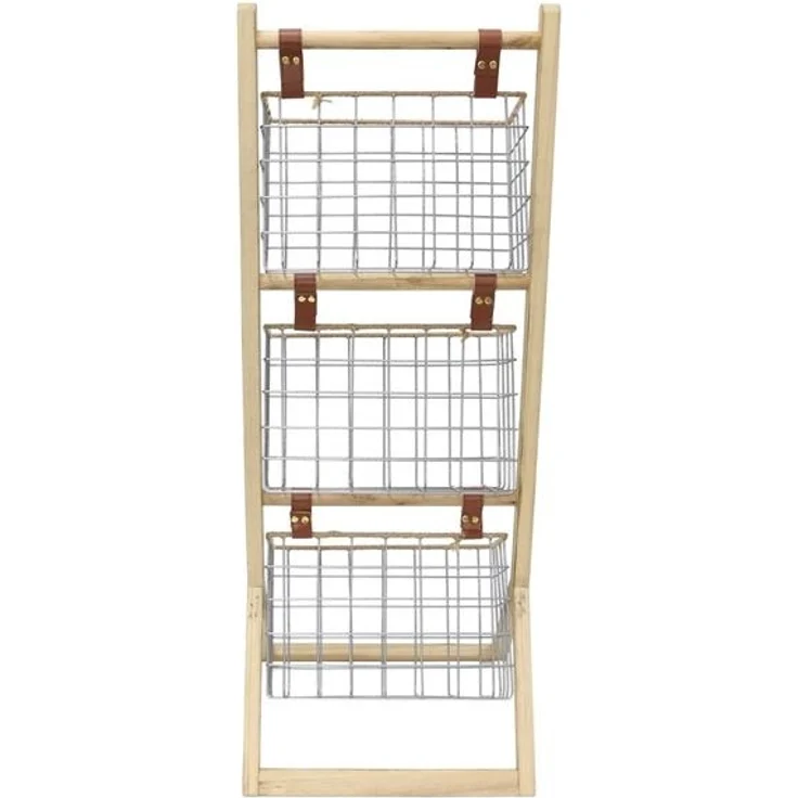 Dekoleidenschaft Standregal aus Holz mit 3 Körben aus Metall, 91 cm hoch, Korbregal, Küchenregal, Badregal, Holzregal mit Drahtkörben – Bild 4