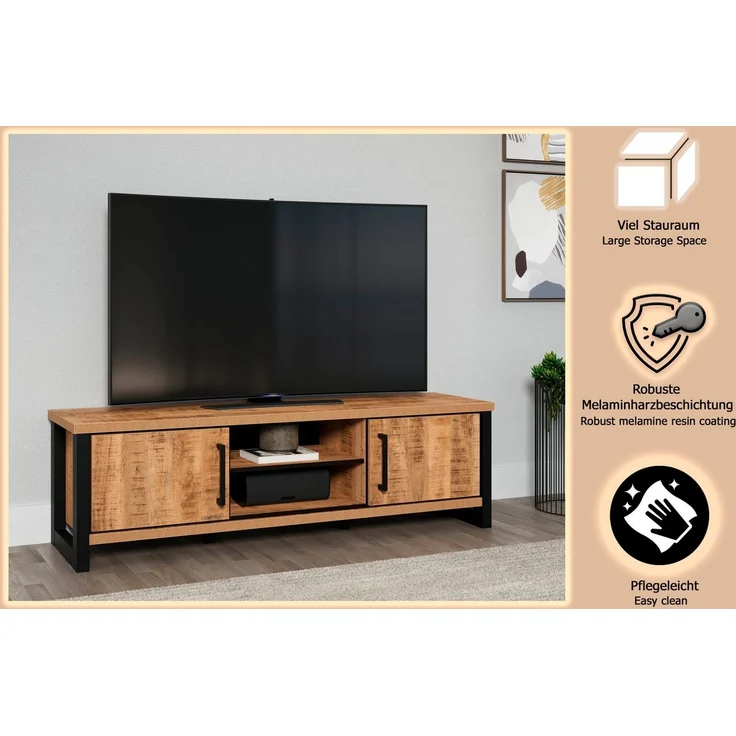 trendteam smart living - Enna - TV-Schrank - Mango/Schwarz - TV-Lowboard mit 2 Türen, 2 offene Fächer und 3 Einlegeböden - (BxHxT) 166 x 50 x 45 cm - Wohnzimmermöbel für Fernseher bis 65" – Bild 2
