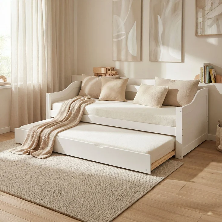 Gästebett Holzbett 90x200 cm mit 2 Matratzen Weiß Tagesbett ausziehbar Jugendbett Ausziehbett Funktionsbett – Bild 2