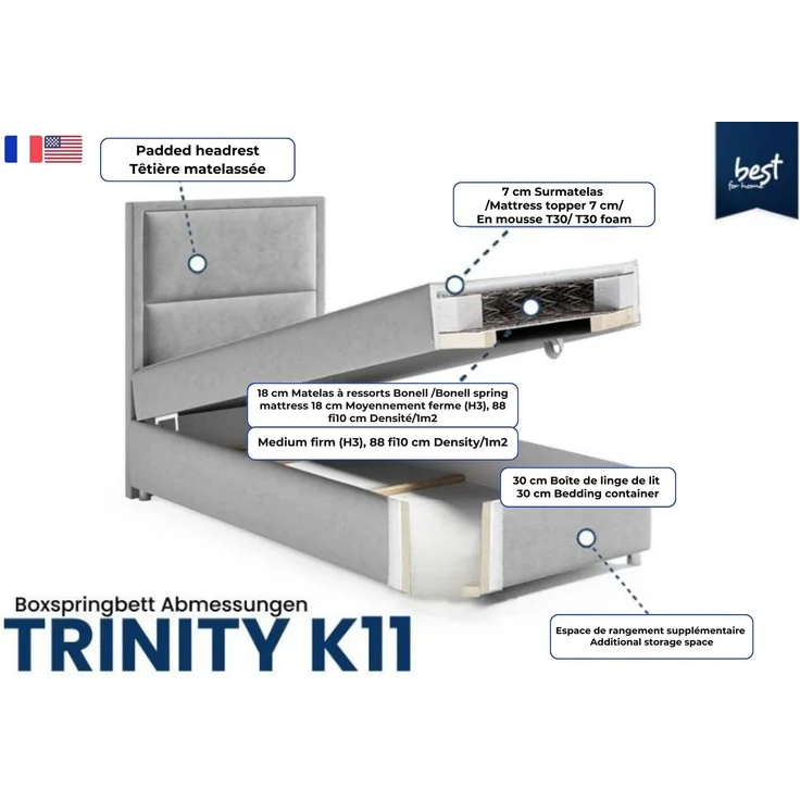 Best for Home Boxspringbett Trinity K-11 SINGLE mit Bettkasten & Bonellfederkern, Topper 7 cm H3 (Hotelbett, Einzelbett, Kinderbett, Juniorbett, 70x200 80x200 90x200 100x200 cm), verschiedene Liefermöglichkeiten, TOP Preis-Leistungs-Verhältnis – Bild 6