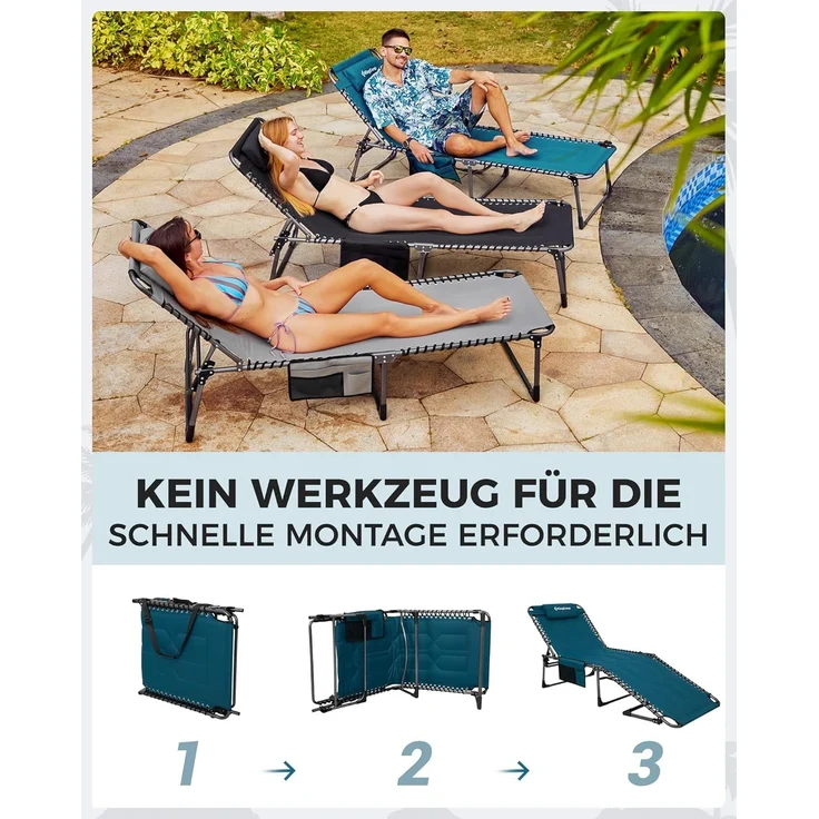 KingCamp Übergroße Sonnenliege Klappbar 5-Fach Verstellbar Gartenliege Liegestuhl Dreibeinliege Liege Campingliege mit Kopfkissen und Seitentasche bis 150 kg für Garten Urlaub Strand Pool 200x68 cm – Bild 8