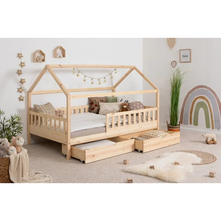 Ticaa Hausbett Kay mit Rausfallschutz und Schubkasten aus Kiefer, Kinderbett 140x200, inkl. Dach, mit Rollrost – Bild 4