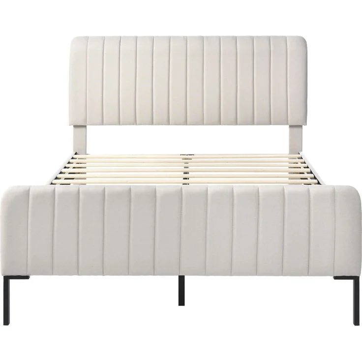 Polsterbett Doppelbett 160x200 cm, Bettgestell mit Lattenrost und Verstellbares Kopfteil, Gepolstertes bett in Grau-Beige,Bettrahmen Jugendbett für Schlafzimmer Gästezimmer-Leinenmaterial – Bild 7