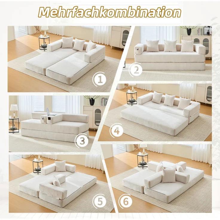 LVHOM Schlafsofa 3 sitzer, Klappsofa mit Schlaffunktion, Bodensofa, Schlafcouch aus Chenille-Stoff, frei Kombination, 198x79x60 cm – Bild 3