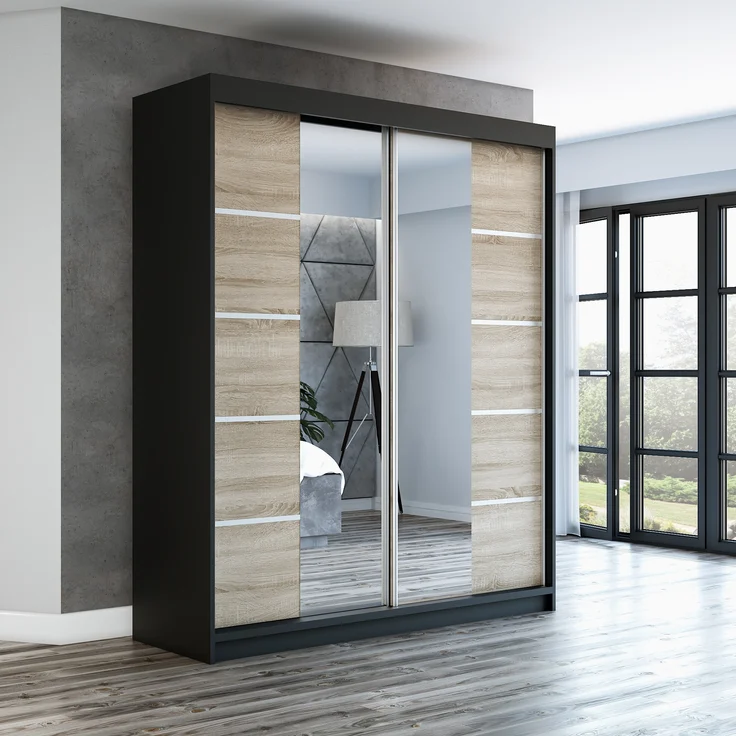Schwebetürenschrank ERA 2-türig Schrank 180 cm (mit Spiegel) Farbe: Schwarz , sonoma – Bild 2