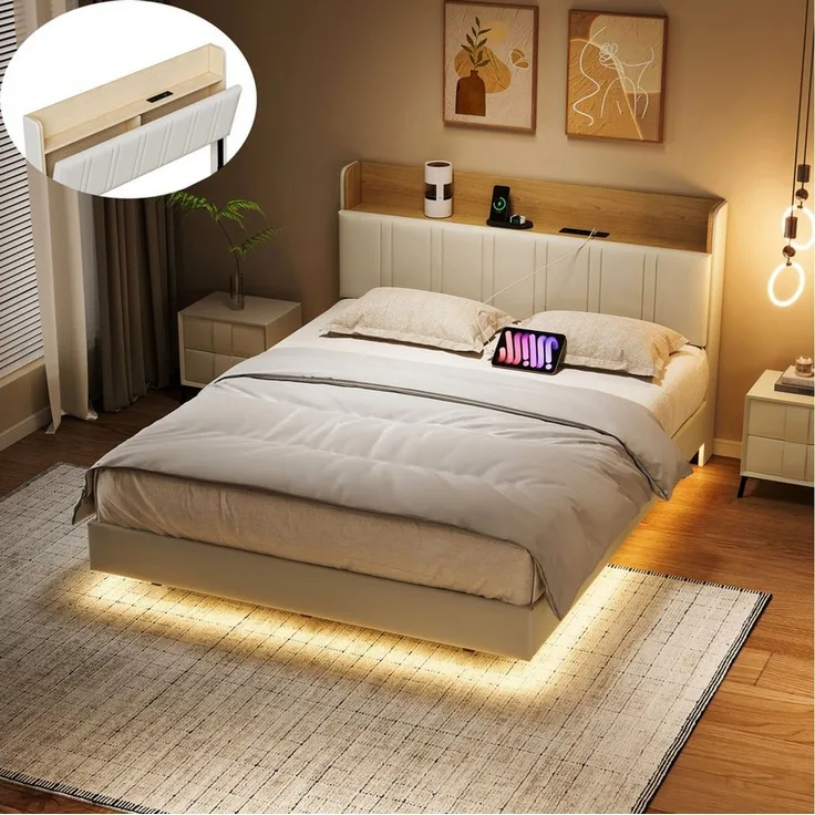 PXloue Polsterbett Doppelbett Jugendbett (Kopfteil mit Stauraum), Stauraumbett, mit LED Beleuchtung und Lattenrost, 160x200 cm