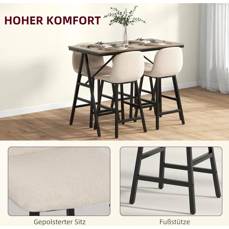 HOMCOM Bargruppe Küchentisch, Bistrotisch mit 4 Stühlen, Bartisch Set für Küche, (Bartisch-Set, 5-tlg, 5-teiliges Bartisch-Set), Beige – Bild 4