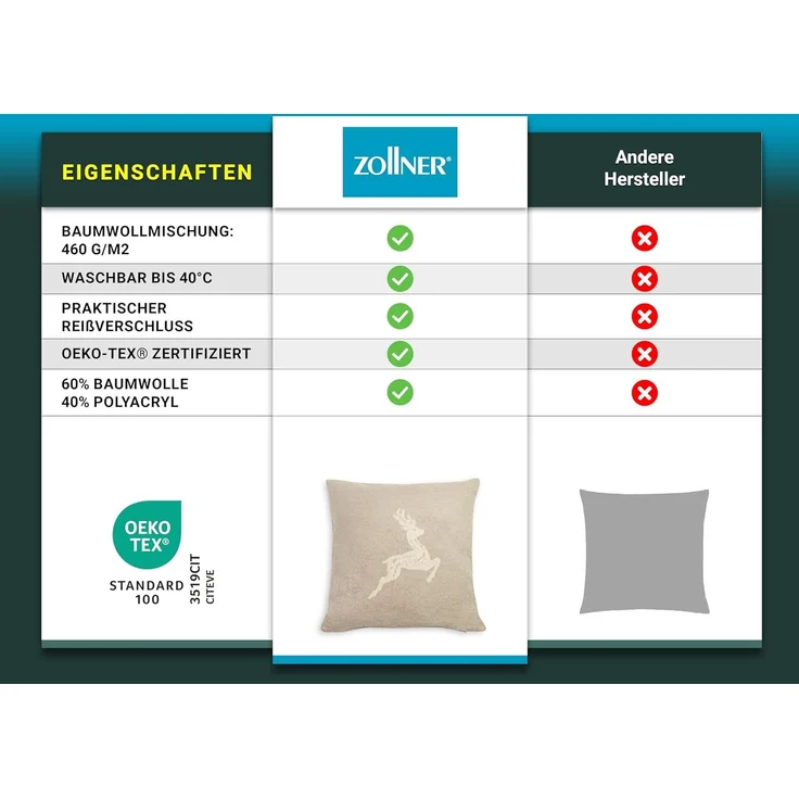 Kissenhülle mit Hirscheinwebung 50x50 cm in Fango-Creme – Bild 6