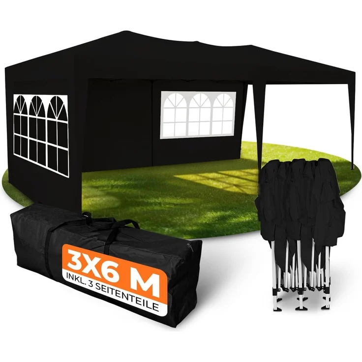 Kronenburg Faltpavillon wasserdicht Pavillon mit 3 Seitenteilen, Gartenzelt, 3x6 m - mit UV Schutz 50+, Schwarz – Bild 1