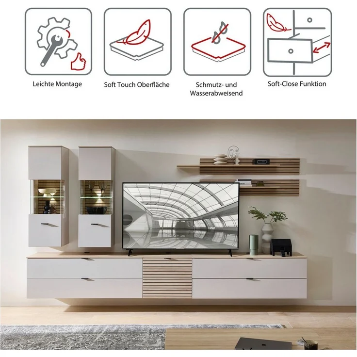 Stella Trading INA Wohnwand Komplett-Set in Kaschmir, Riva Eiche Optik FSC-Zertifiziert - Moderne Schrankwand 7-teilig mit LED-Beleuchtung für Ihr Wohnzimmer - 340 x 185 x 44 cm (B/H/T) – Bild 1