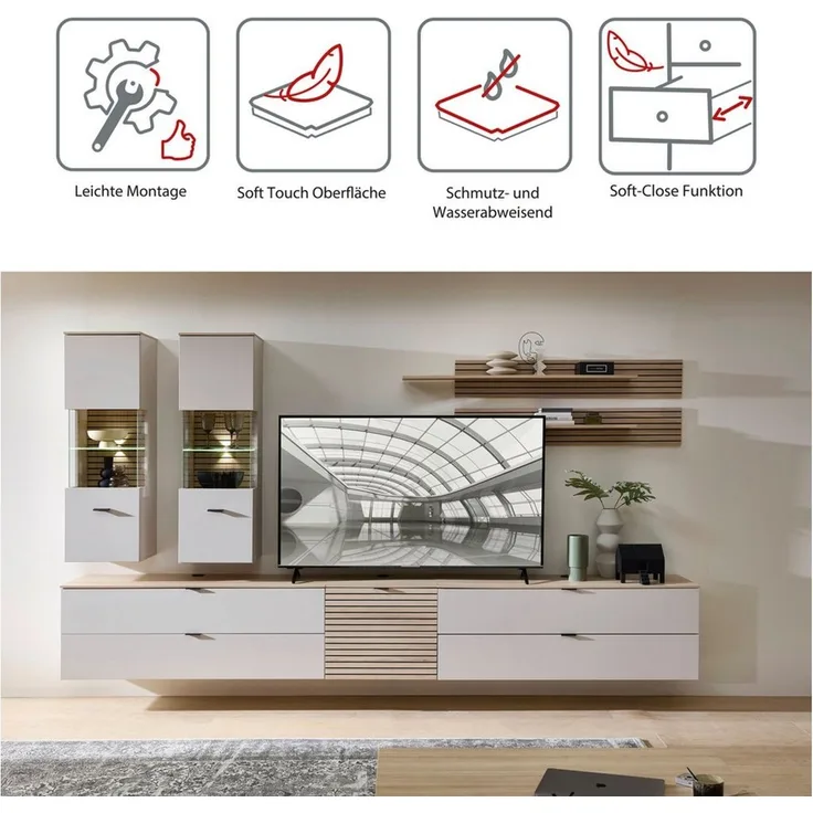 Stella Trading INA Wohnwand Komplett-Set in Kaschmir, Riva Eiche Optik FSC-Zertifiziert - Moderne Schrankwand 7-teilig mit LED-Beleuchtung für Ihr Wohnzimmer - 340 x 185 x 44 cm (B/H/T)
